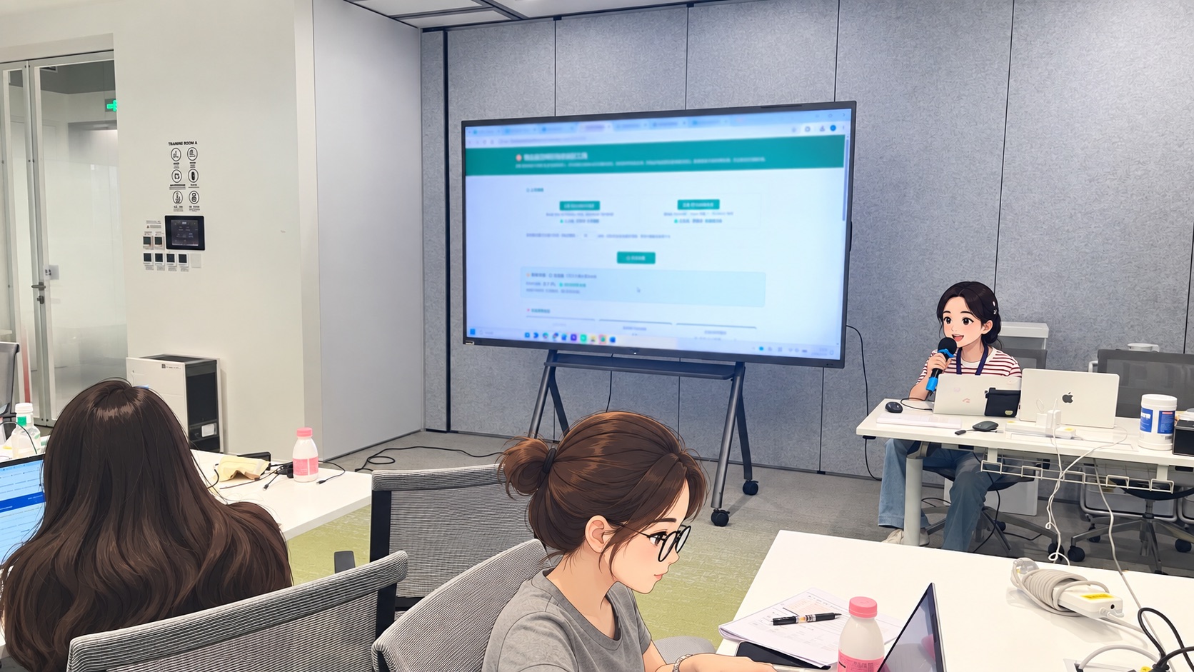 插画风格演绎的课堂场景:讲师在屏幕前讲解业务人员可用的 HTML 工具能力